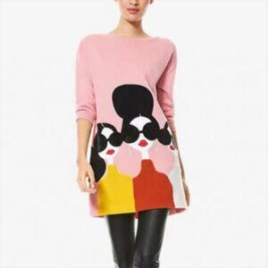 Alice + Olivia Sweater Knit Dress Embroidered Stace Face Three Women Pink XS